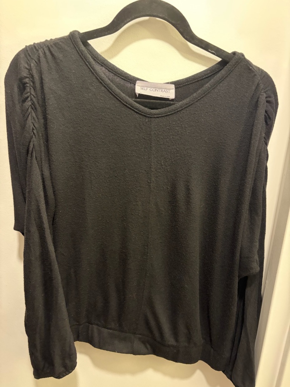 Self Contrast Black Long-Sleeve Top with Ruched Shoulder Detail